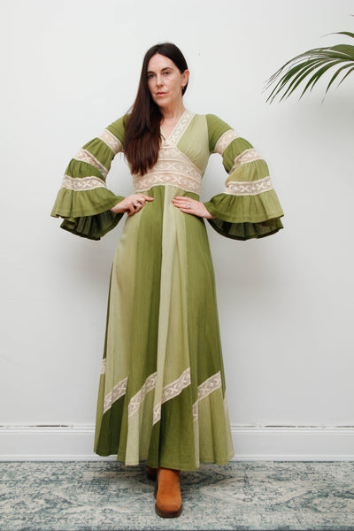 Vintage Cotton Maxi with Lace Inserts, Flute Sleeves, 70s Green Bohemian Dress