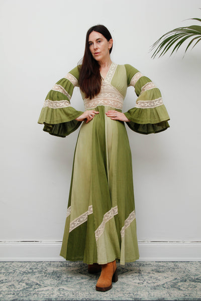 Vintage Cotton Maxi with Lace Inserts, Flute Sleeves, 70s Green Bohemian Dress