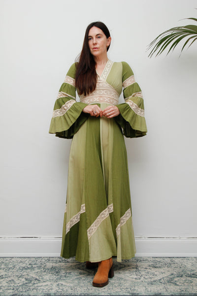 Vintage Cotton Maxi with Lace Inserts, Flute Sleeves, 70s Green Bohemian Dress