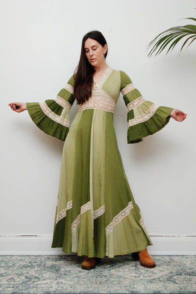 Vintage Cotton Maxi with Lace Inserts, Flute Sleeves, 70s Green Bohemian Dress