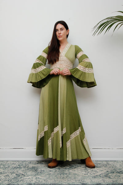 Vintage Cotton Maxi with Lace Inserts, Flute Sleeves, 70s Green Bohemian Dress