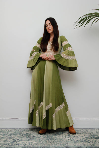 Vintage Cotton Maxi with Lace Inserts, Flute Sleeves, 70s Green Bohemian Dress