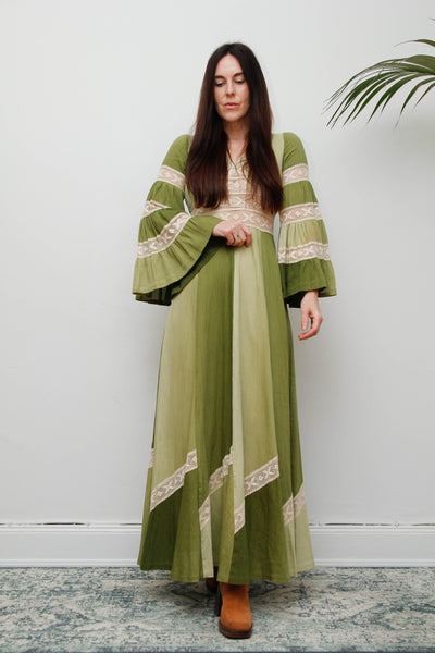 Vintage Cotton Maxi with Lace Inserts, Flute Sleeves, 70s Green Bohemian Dress
