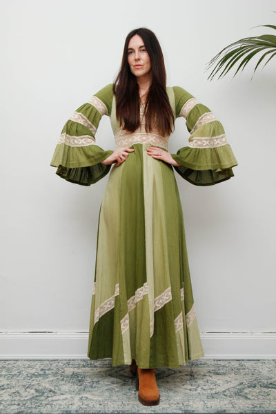 Vintage Cotton Maxi with Lace Inserts, Flute Sleeves, 70s Green Bohemian Dress