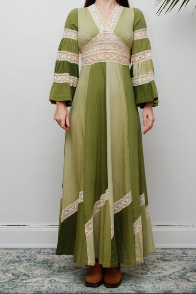 Vintage Cotton Maxi with Lace Inserts, Flute Sleeves, 70s Green Bohemian Dress