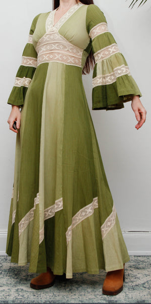 Vintage Cotton Maxi with Lace Inserts, Flute Sleeves, 70s Green Bohemian Dress