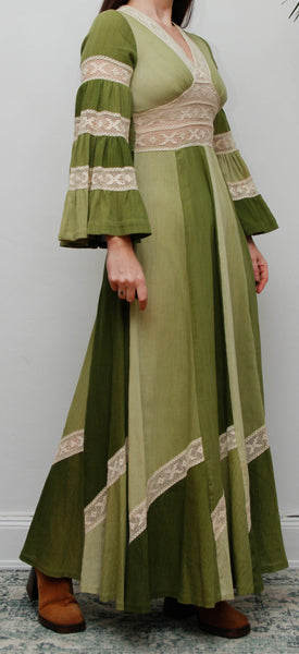 Vintage Cotton Maxi with Lace Inserts, Flute Sleeves, 70s Green Bohemian Dress