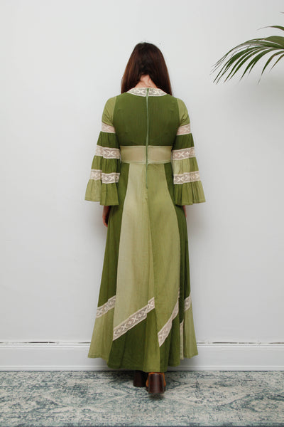 Vintage Cotton Maxi with Lace Inserts, Flute Sleeves, 70s Green Bohemian Dress