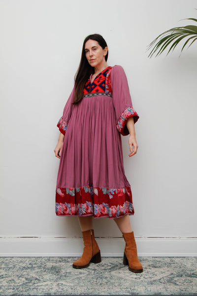 Rare Vintage 1970s Afghan Patchwork Floral Dress | Kimono Sleeve Bohemian
