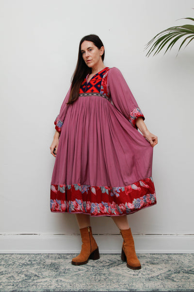 Rare Vintage 1970s Afghan Patchwork Floral Dress | Kimono Sleeve Bohemian