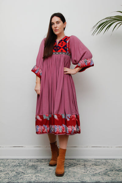 Rare Vintage 1970s Afghan Patchwork Floral Dress | Kimono Sleeve Bohemian