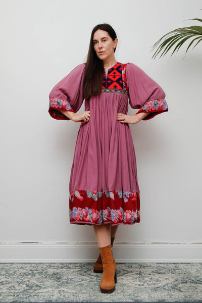 Rare Vintage 1970s Afghan Patchwork Floral Dress | Kimono Sleeve Bohemian
