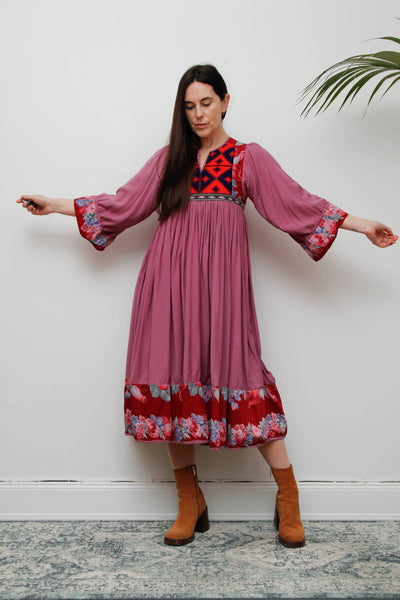 Rare Vintage 1970s Afghan Patchwork Floral Dress | Kimono Sleeve Bohemian