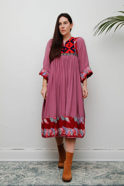 Rare Vintage 1970s Afghan Patchwork Floral Dress | Kimono Sleeve Bohemian