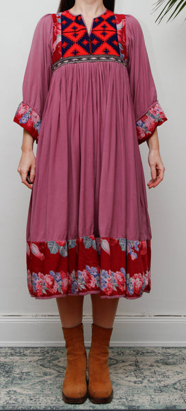 Rare Vintage 1970s Afghan Patchwork Floral Dress | Kimono Sleeve Bohemian