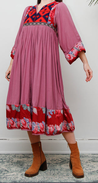 Rare Vintage 1970s Afghan Patchwork Floral Dress | Kimono Sleeve Bohemian