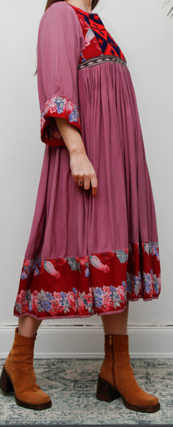 Rare Vintage 1970s Afghan Patchwork Floral Dress | Kimono Sleeve Bohemian