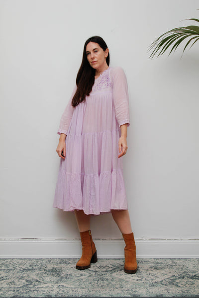 Rare Vintage 1970s Indian Cotton Gauze Dress | Lilac Embroidered Bohemian