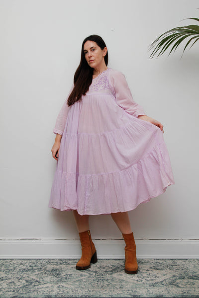 Rare Vintage 1970s Indian Cotton Gauze Dress | Lilac Embroidered Bohemian