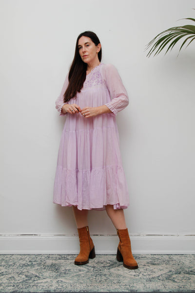 Rare Vintage 1970s Indian Cotton Gauze Dress | Lilac Embroidered Bohemian