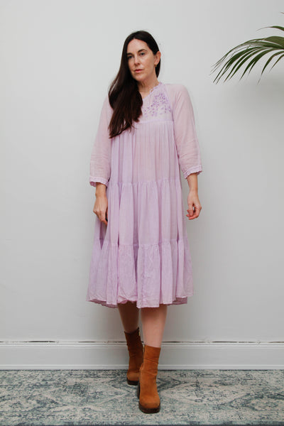 Rare Vintage 1970s Indian Cotton Gauze Dress | Lilac Embroidered Bohemian