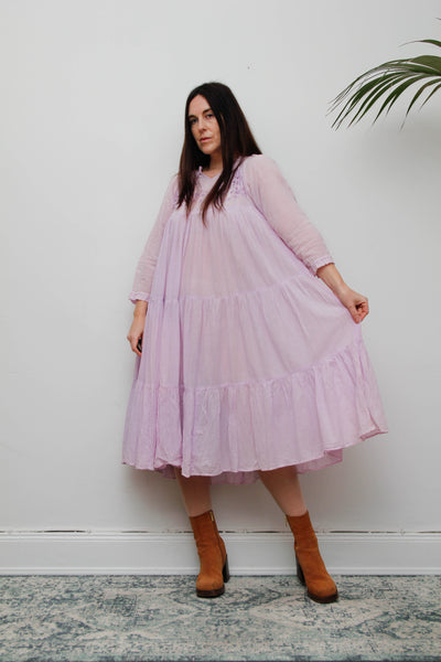 Rare Vintage 1970s Indian Cotton Gauze Dress | Lilac Embroidered Bohemian