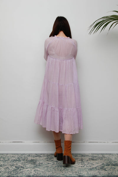 Rare Vintage 1970s Indian Cotton Gauze Dress | Lilac Embroidered Bohemian