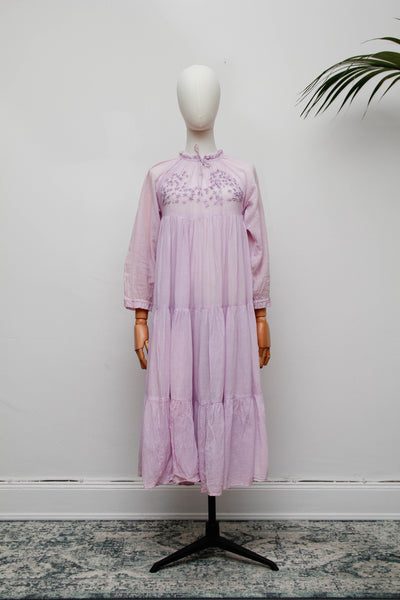 Rare Vintage 1970s Indian Cotton Gauze Dress | Lilac Embroidered Bohemian