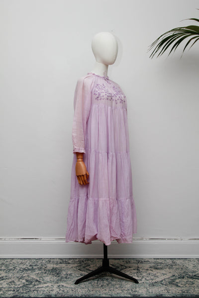 Rare Vintage 1970s Indian Cotton Gauze Dress | Lilac Embroidered Bohemian