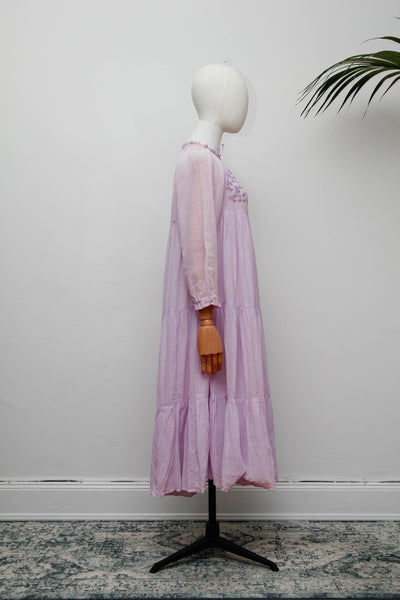 Rare Vintage 1970s Indian Cotton Gauze Dress | Lilac Embroidered Bohemian