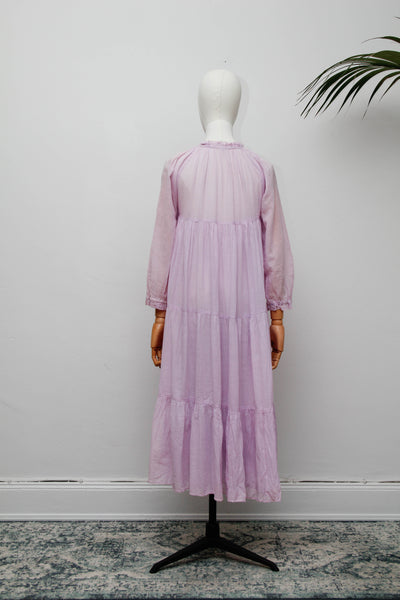 Rare Vintage 1970s Indian Cotton Gauze Dress | Lilac Embroidered Bohemian