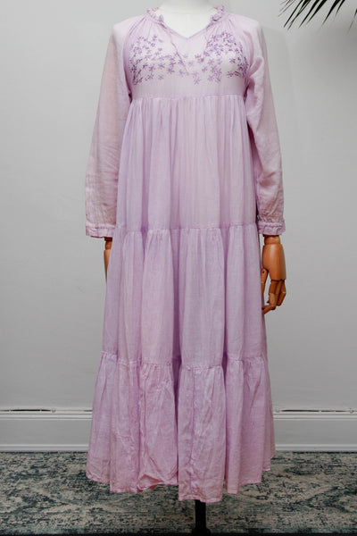 Rare Vintage 1970s Indian Cotton Gauze Dress | Lilac Embroidered Bohemian