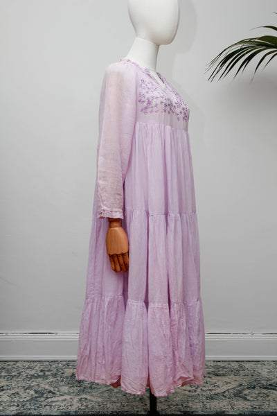 Rare Vintage 1970s Indian Cotton Gauze Dress | Lilac Embroidered Bohemian