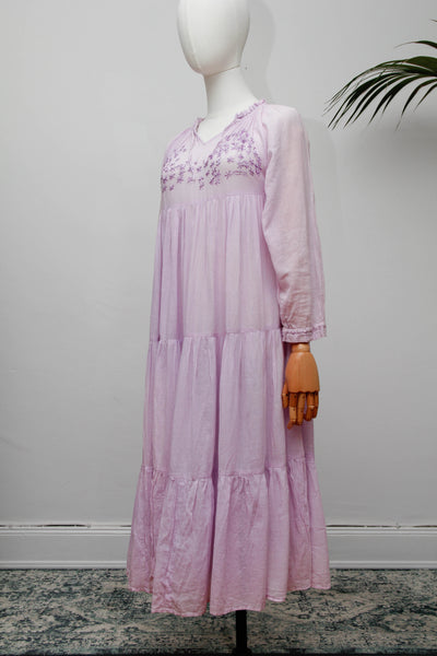 Rare Vintage 1970s Indian Cotton Gauze Dress | Lilac Embroidered Bohemian