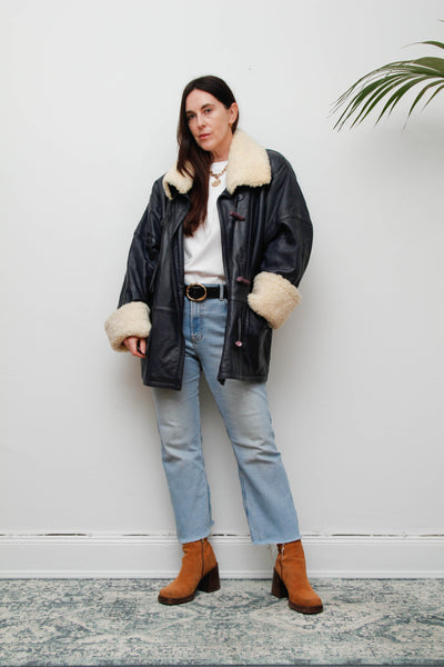 Vintage 1980s Oversized Navy Leather Aviator Coat with Sheepskin