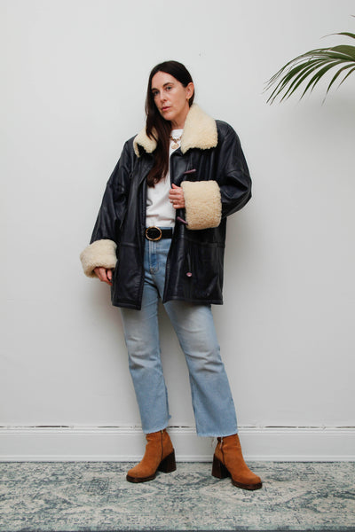 Vintage 1980s Oversized Navy Leather Aviator Coat with Sheepskin