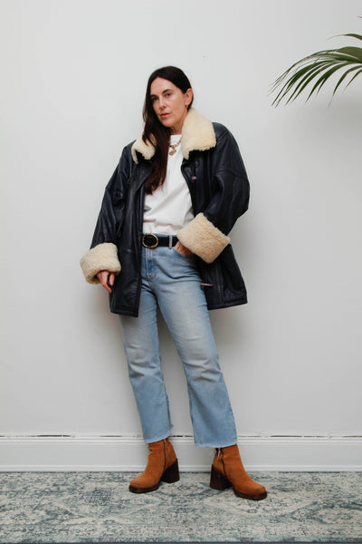 Vintage 1980s Oversized Navy Leather Aviator Coat with Sheepskin