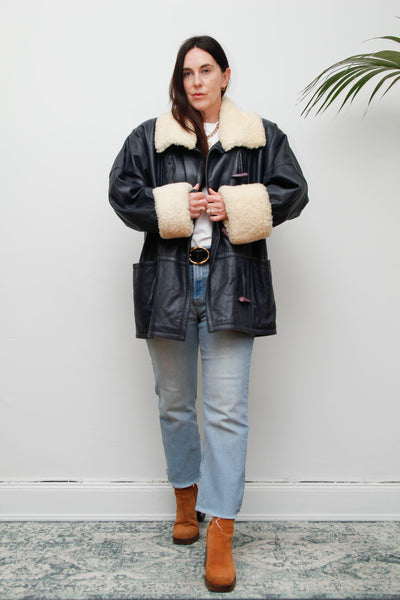 Vintage 1980s Oversized Navy Leather Aviator Coat with Sheepskin