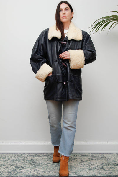 Vintage 1980s Oversized Navy Leather Aviator Coat with Sheepskin