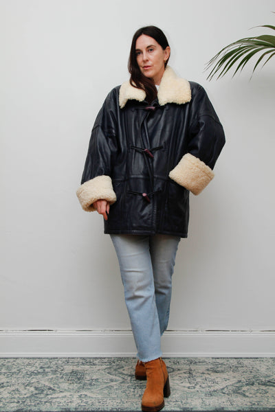 Vintage 1980s Oversized Navy Leather Aviator Coat with Sheepskin