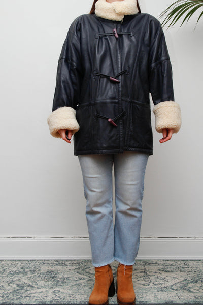 Vintage 1980s Oversized Navy Leather Aviator Coat with Sheepskin