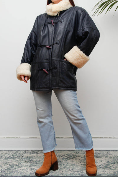 Vintage 1980s Oversized Navy Leather Aviator Coat with Sheepskin