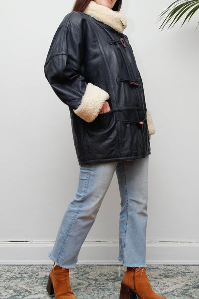 Vintage 1980s Oversized Navy Leather Aviator Coat with Sheepskin