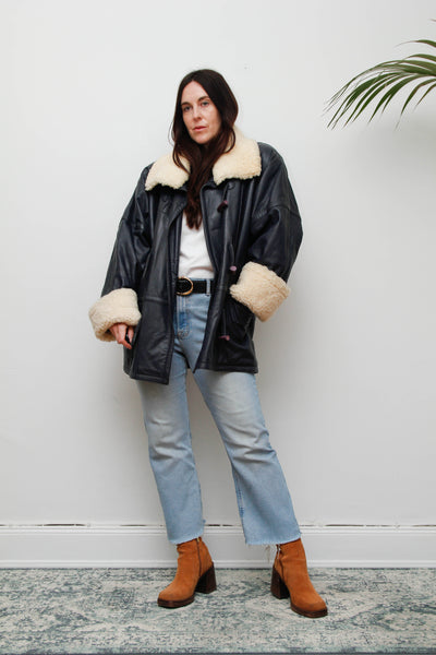 Vintage 1980s Oversized Navy Leather Aviator Coat with Sheepskin