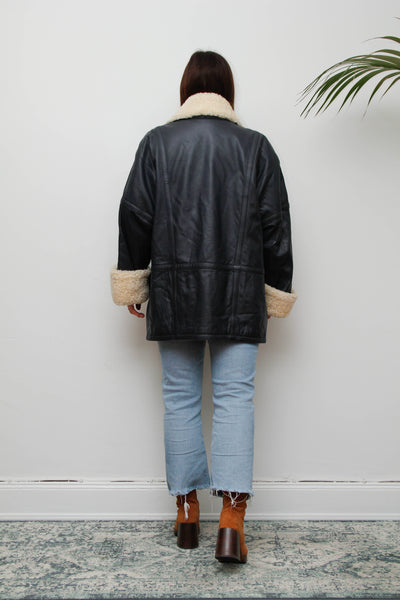 Vintage 1980s Oversized Navy Leather Aviator Coat with Sheepskin
