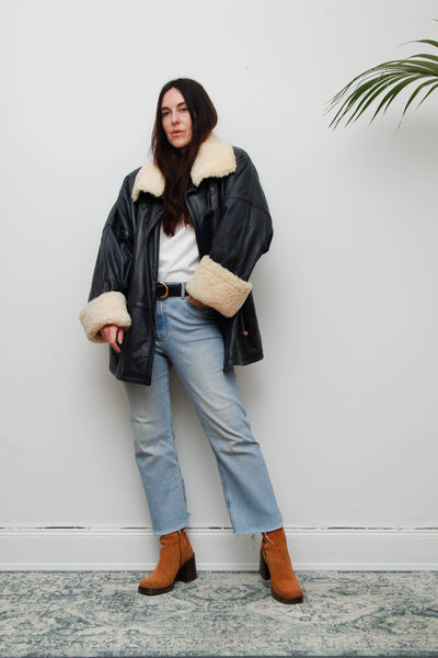 Vintage 1980s Oversized Navy Leather Aviator Coat with Sheepskin