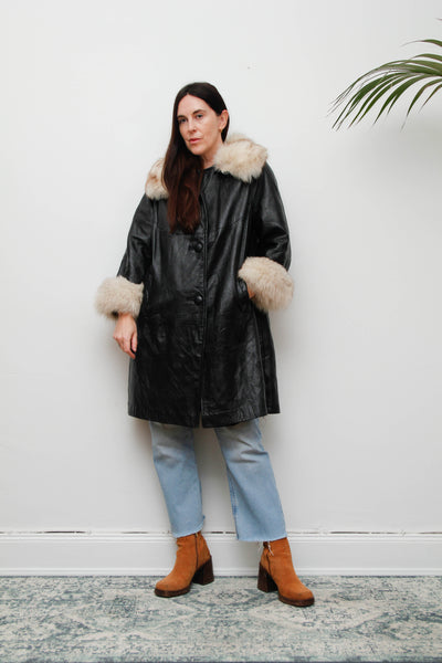 Vintage Black Leather Penny Lane Coat with Silver Fox Fur Cuffs