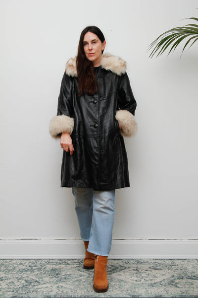 Vintage Black Leather Penny Lane Coat with Silver Fox Fur Cuffs