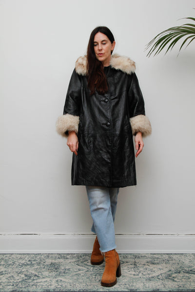 Vintage Black Leather Penny Lane Coat with Silver Fox Fur Cuffs