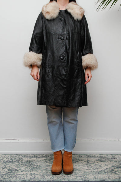 Vintage Black Leather Penny Lane Coat with Silver Fox Fur Cuffs